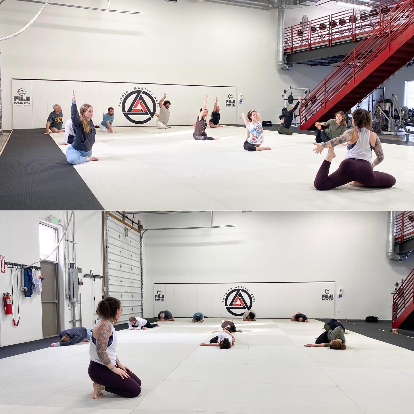 a group of members at prodigy martial arts in blaine mn practice yoga in a class to help their jiu-jitsu